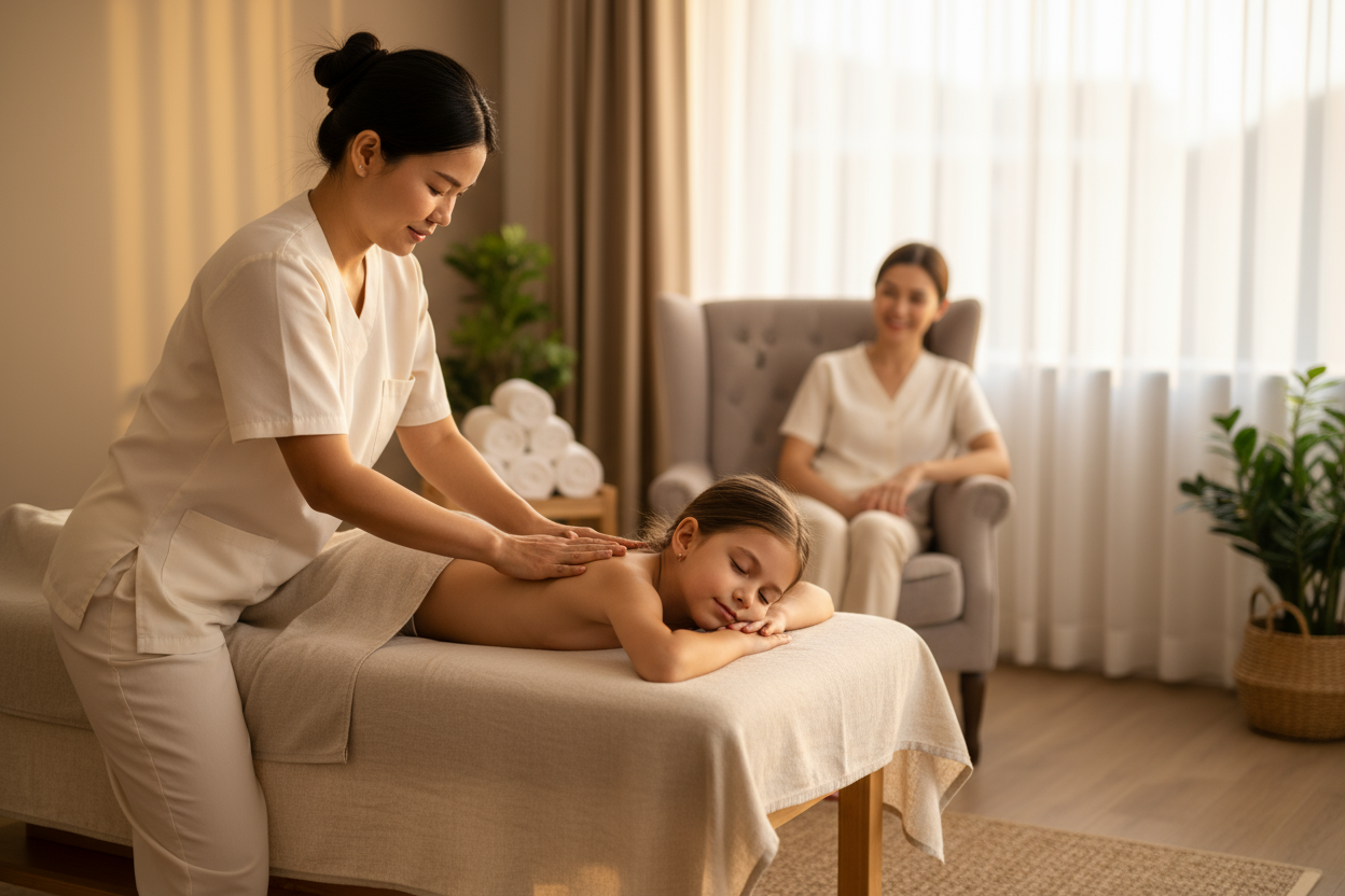 “child (8–12) receiving a gentle Thai kid’s massage on a padded table in a warm, elegant spa room; therapist in modest professional attire using light strokes on the child’s back; parent seated nearby in soft focus; warm golden light, neutral beige tones, clean towels, calm non-medical vibe; natural skin tones, shallow depth of field, high-res, 3:2, non-erotic, professional