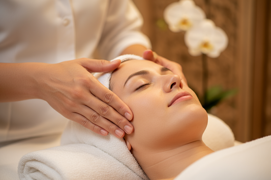 close-up of a facial massage (nuat naa): Thai therapist’s hands applying gentle pressure to temples and brow line; warm spa ambiance with soft golden light, clean white towel headrest, subtle background decor (orchid/wood detail) out of focus; modest, professional styling, relaxed client, eyes closed; crisp detail on hands and skin, creamy bokeh, 1:1 composition, premium editorial wellness photography”