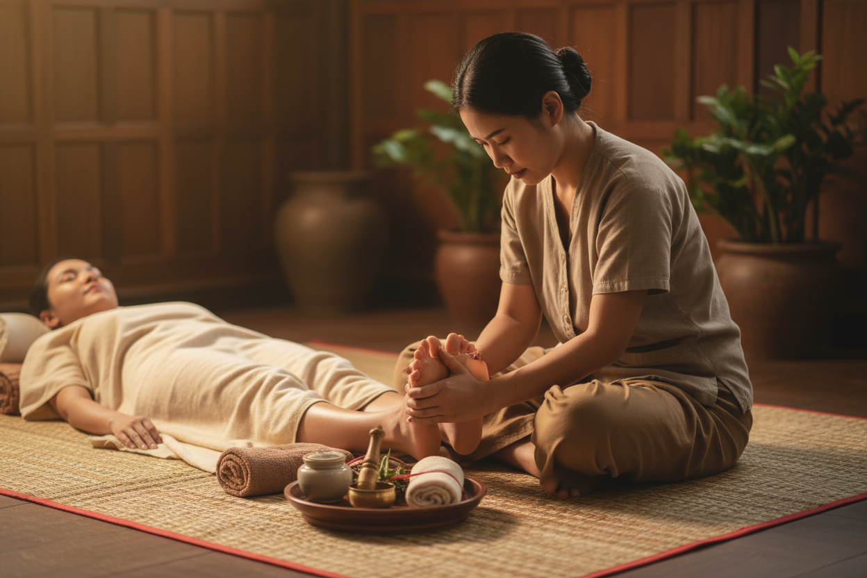 traditional Thai foot reflexology (nuat tao) session on a floor mat with woven texture; therapist in modest Thai-style attire applying precise thumb pressure to reflex points; teak-wood accents, cotton towels, small herbal balm jar nearby, warm golden ambient light, neutral beige/brown palette, calm authentic spa vibe, natural skin tones, shallow depth of field, high-res, 3:2 composition, non-erotic, professional