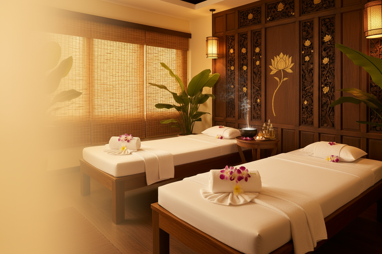 Wide hero banner 1620×600 in warm Thai spa ambience: two massage beds side by side with folded towels and orchids, soft golden light; subtle Thai decor; ample negative space left for white title text; premium editorial photography, non-erotic.”